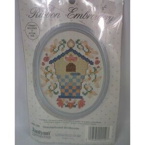 Vintage Janlynn Ribbon Embroidery Kit Checkerboard Birdhouse w Frame 00-150 New